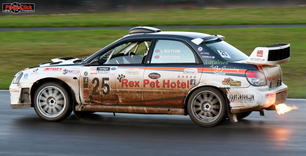 Subaru flat out flaming Rallying at Donington Park