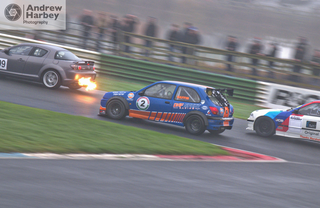 Mallory Park Plum Pudding Races flaming Mazda RX8.
