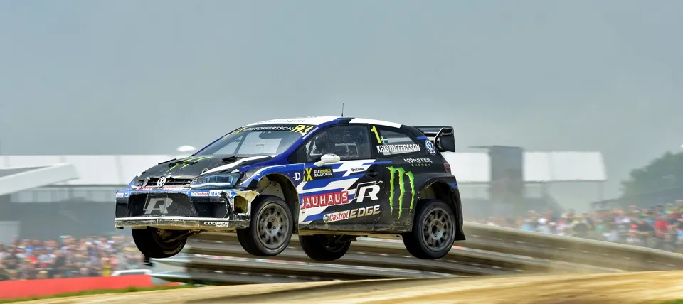 Speed Machine Rally Cross cars getting some air at the Silverstone off road track