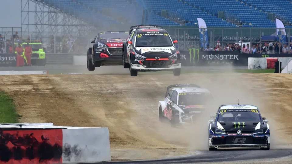 Speed Machine Rally Cross cars jumping at the Silverstone off road track