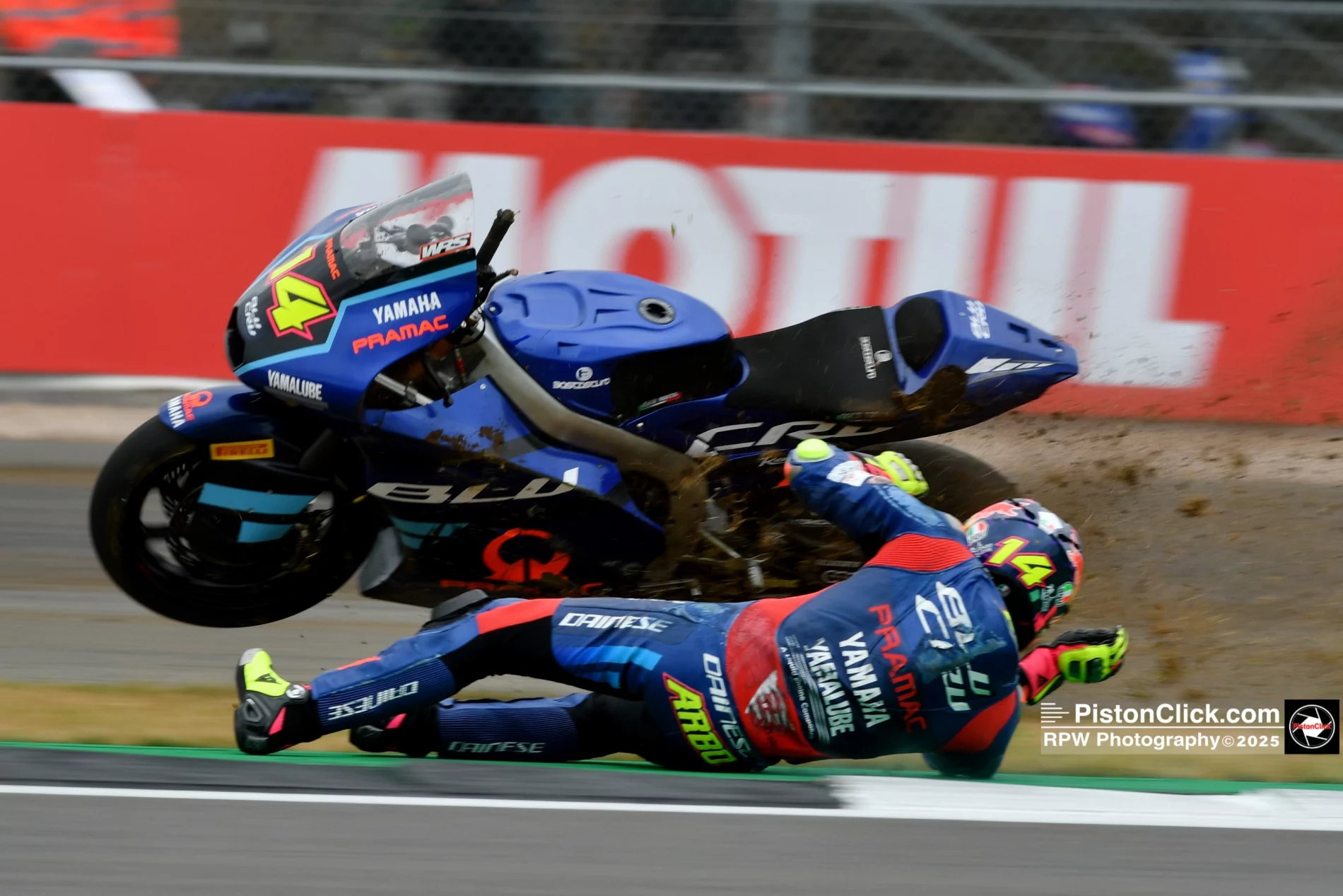 Tony Arbolino crashing at Silverstone in the Moto2 practice.