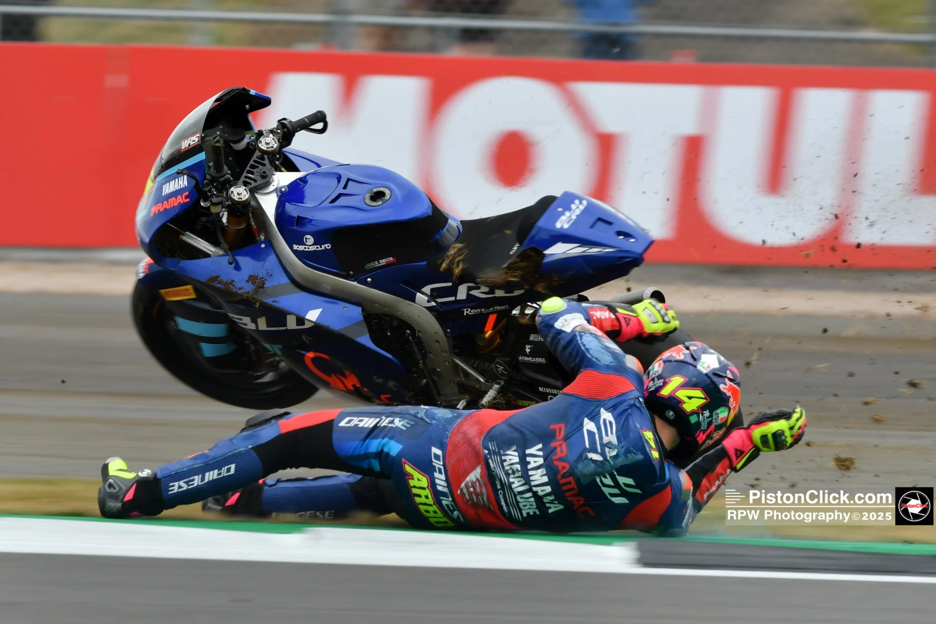 Tony Arbolino crashing at Silverstone in the Moto2 practice.
