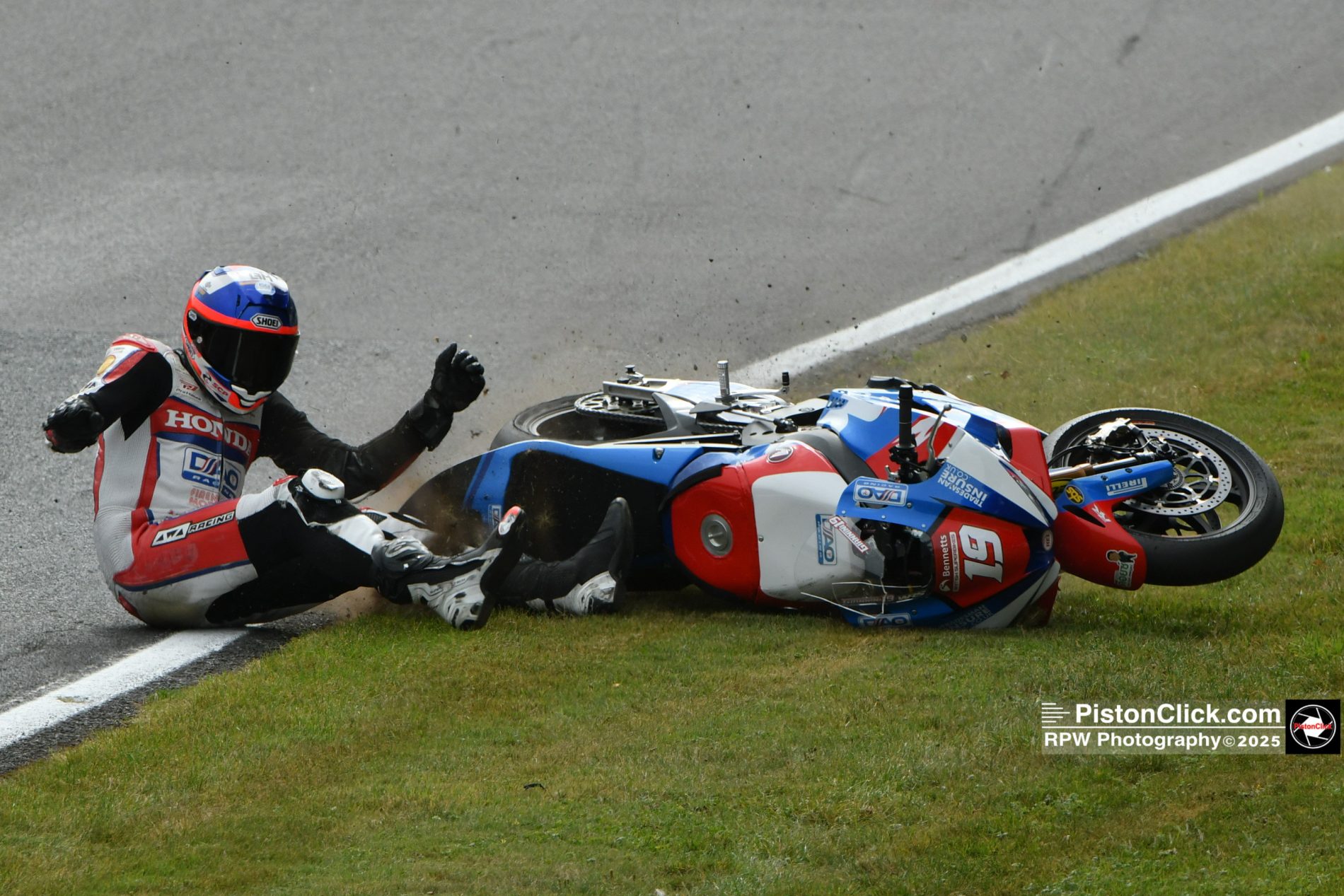 DAO Racing Gabriele Giannini crashes out at the British Superbike meeting at Cadwell Park
