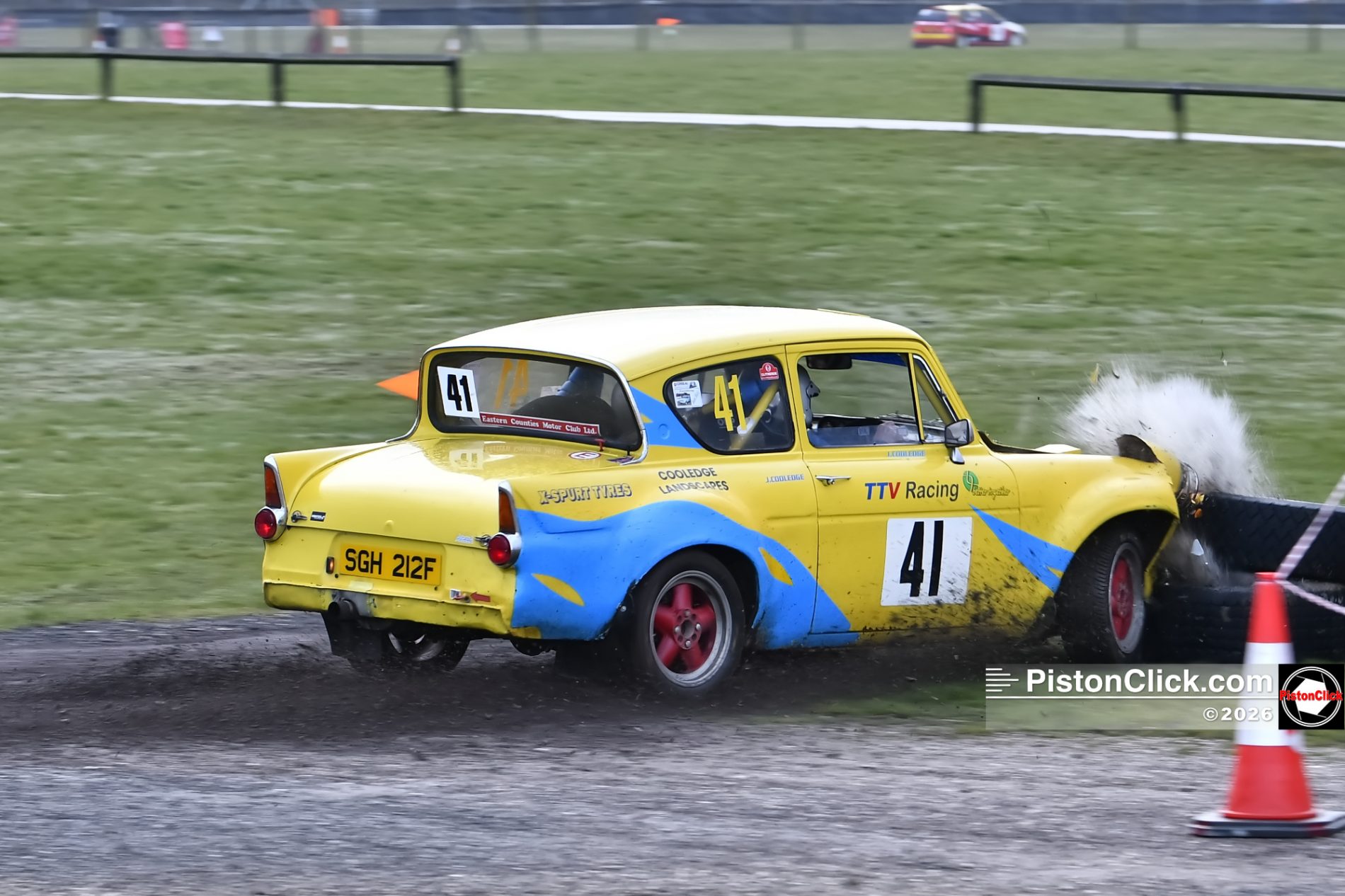John and Louise Cooledge in the Ford Anglia 105E rallying at Snetterton