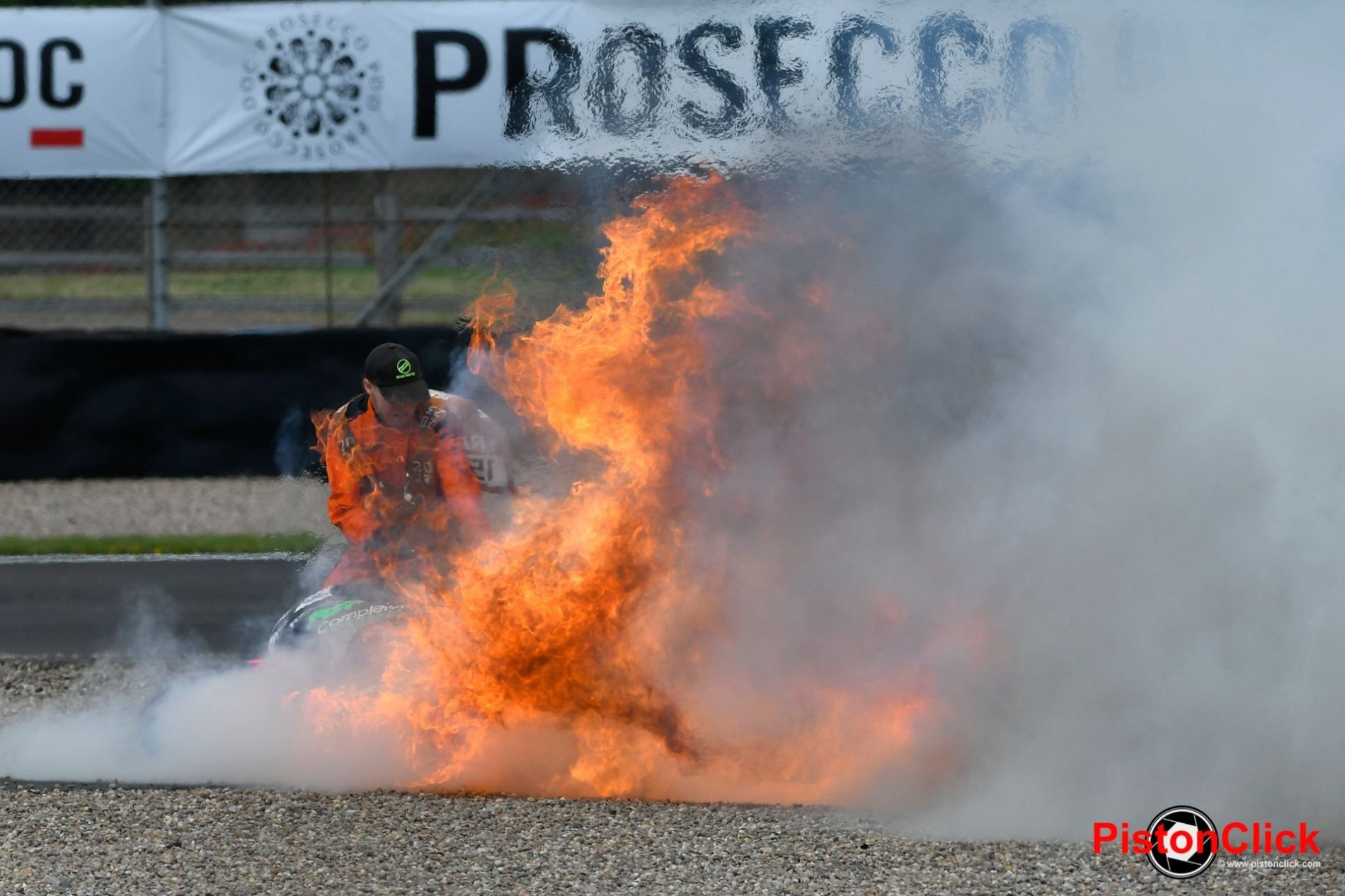 Eugene McManus’s bike a Triumph Street Triple RS 765 went down at the Foggy Esses and turned into a fire ball. PistonClick