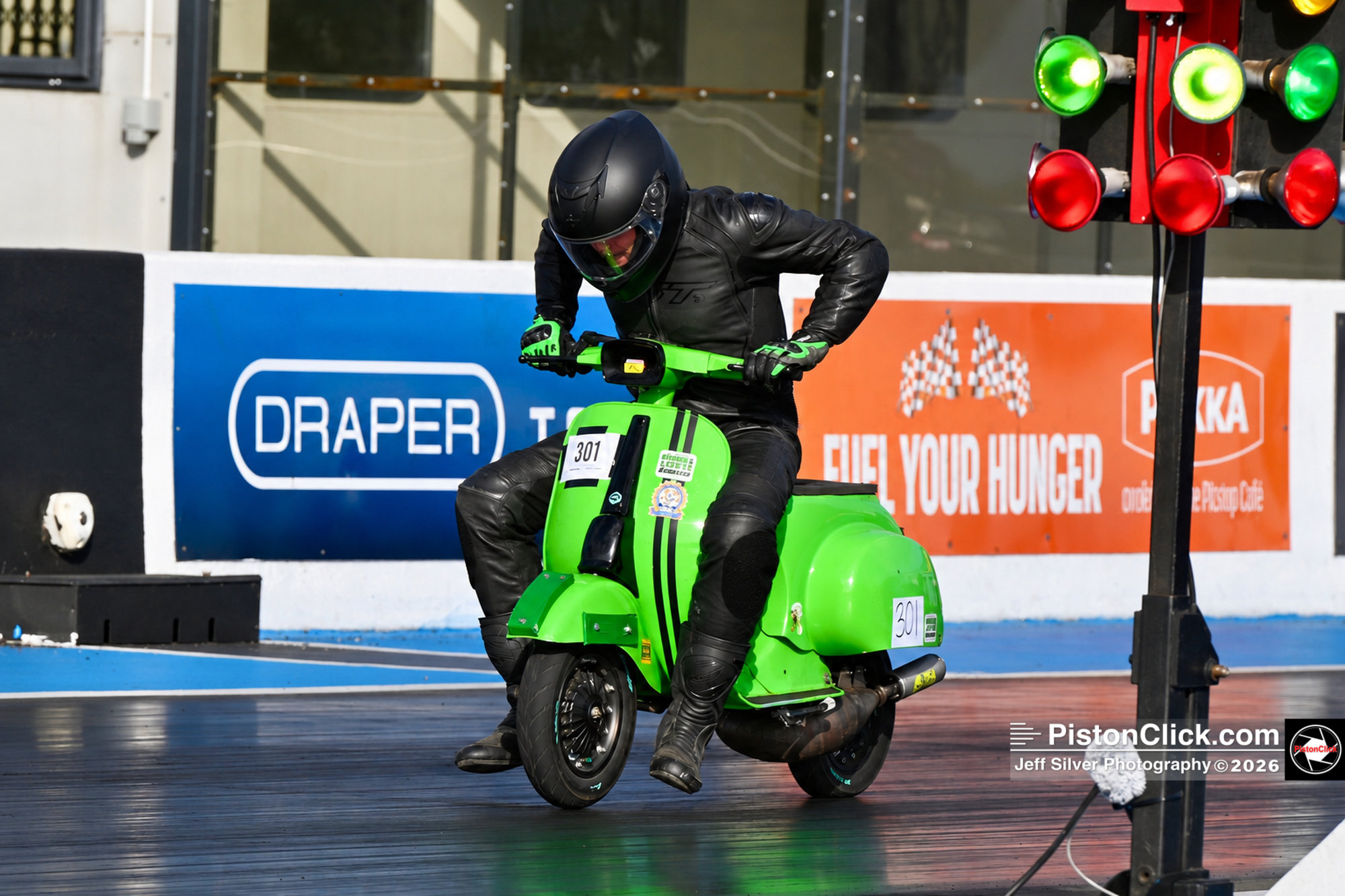 Jamie Lawn aboard his Vespa 50 Special Santa Pod